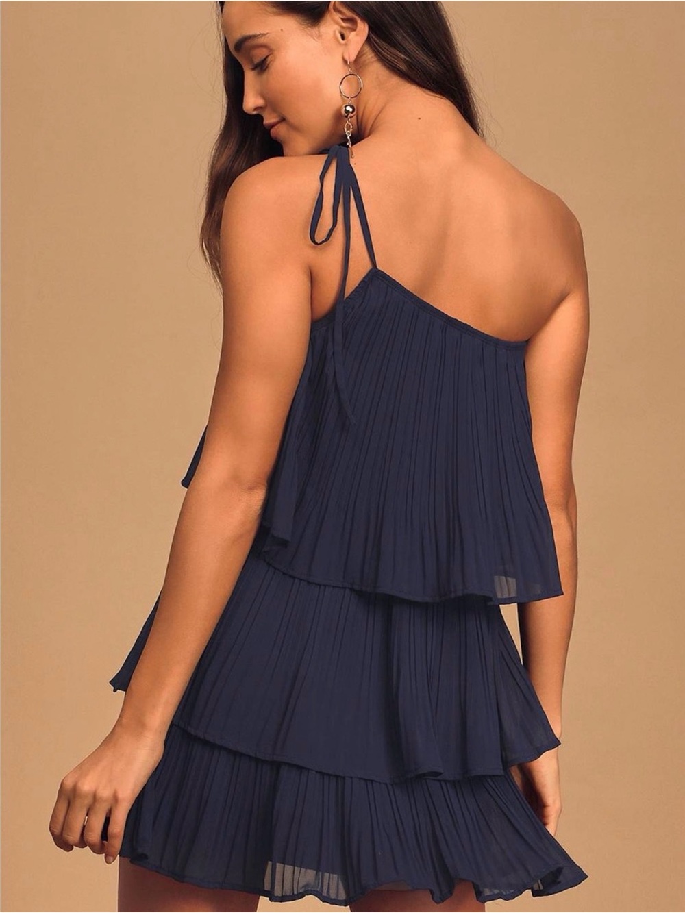 Lulu's Navy Pleated One-Shoulder Tiered Dress - Picture 2 of 5